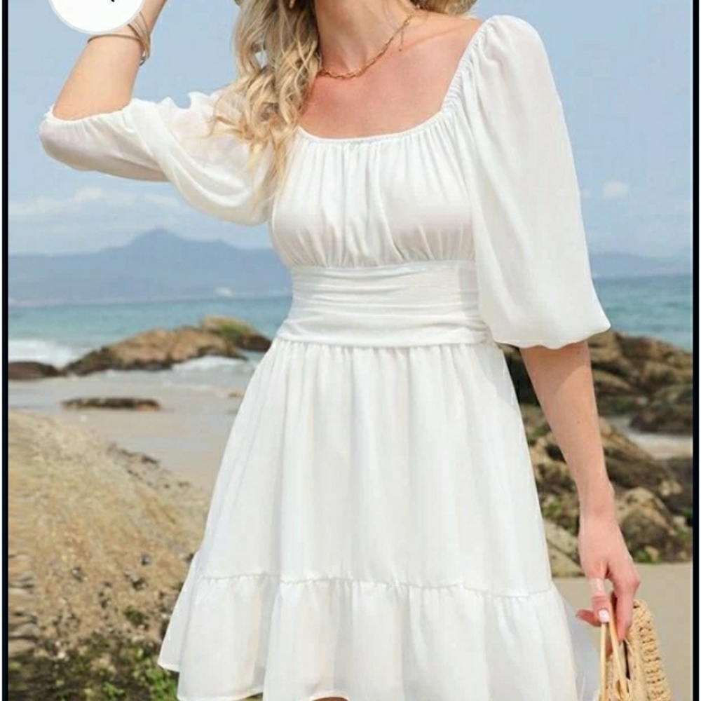 Elegant White Tie Back Women's Dress - Picture 5 of 15